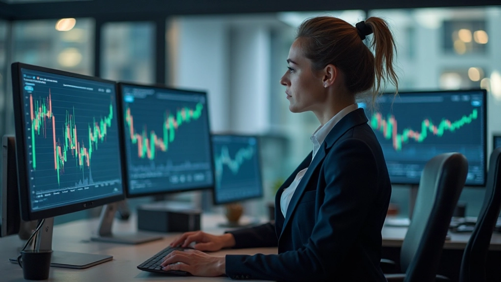 Профессиональный портрет женщины-трейдера среднего возраста анализирует графики на мониторе в офисе