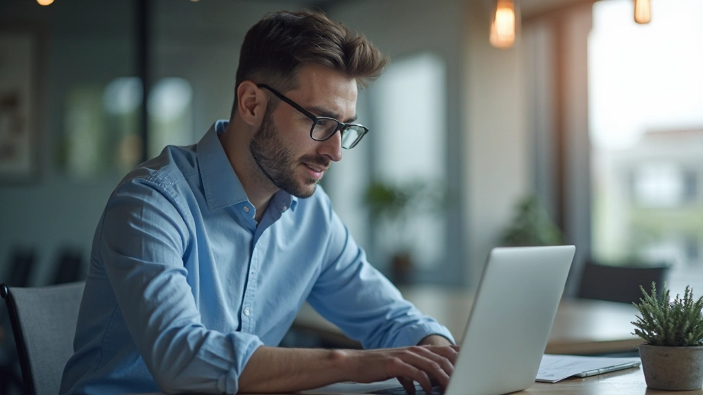 Профессиональный портрет молодого инвестора работающего за компьютером в офисе с графиками на экране