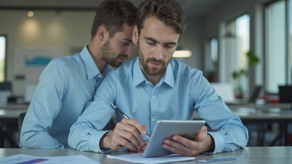 Young professional using tablet to analyze market data with financial charts visible on screen