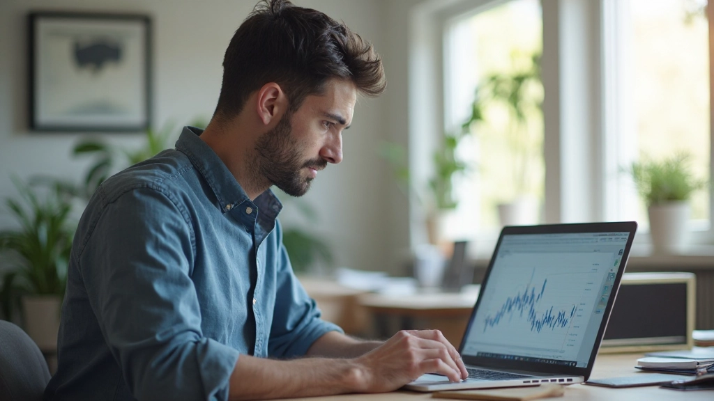 Investor studying market analysis on laptop with financial data charts and graphs displayed